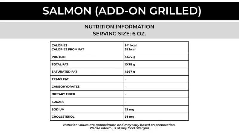 Nutrition facts for grilled salmon add-on with 6 oz serving including calories, protein, fat, sodium, and cholesterol.