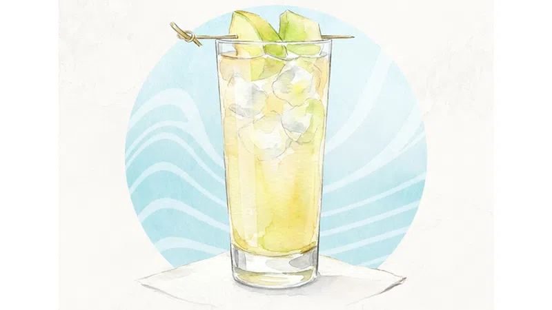 Watercolor illustration of a refreshing lemon and ice cocktail in a tall glass with melon garnish and blue background.
