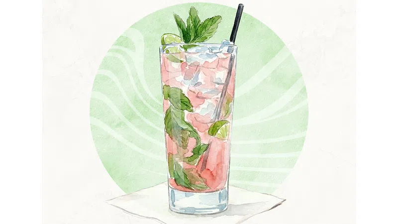 Watercolor painting of a refreshing pink mojito cocktail with mint leaves and lime in a tall glass