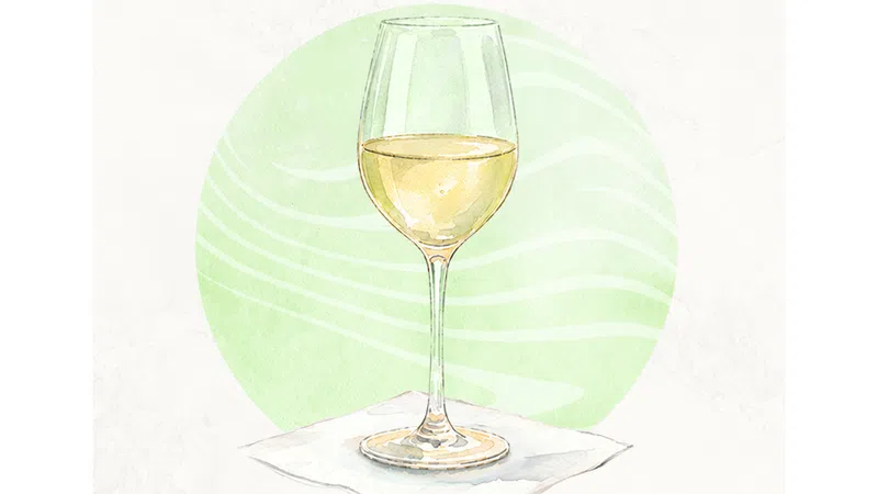 Illustration of a glass of white wine on a napkin with a green circular background and wavy lines.