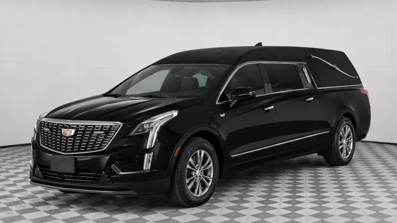 Black Cadillac hearse with sleek modern design parked on checkered floor in a white studio setting