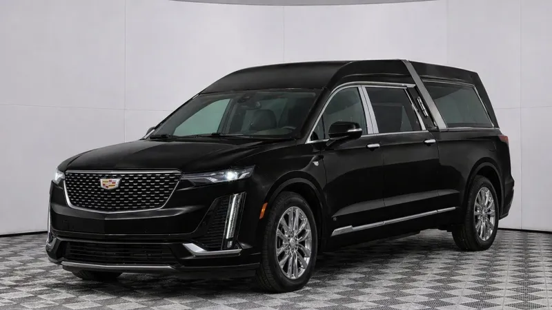 Black luxury Cadillac hearse with chrome grille and polished wheels in a studio setting