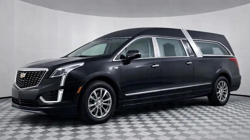 Black Cadillac XT5 hearse parked on checkered floor in a white studio with silver accents.