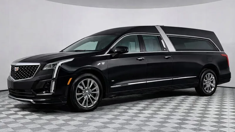 Black Cadillac luxury funeral hearse with extended rear and sleek modern design in a studio setting.