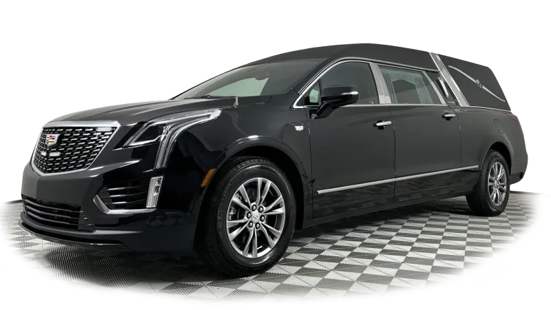 Elegant black Cadillac hearse showcasing luxury and sophistication in vehicle design.