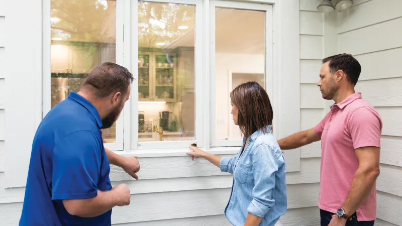 Home window consultation in Nashville TN with a specialist inspecting rotting wood frames on a local residence