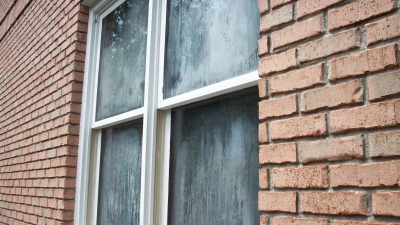Seal failure in a window on a brick house causing foggy window glass