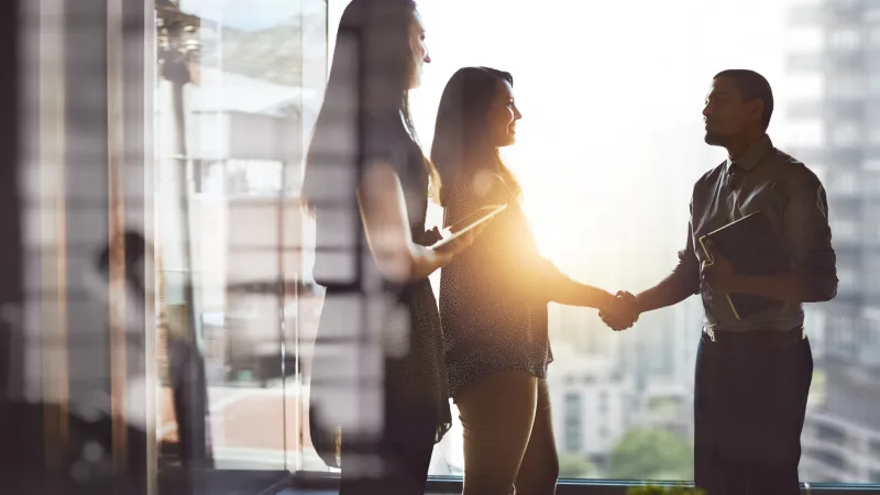 Business people shaking hands in an office with a city view, sunlight streaming through large windows.