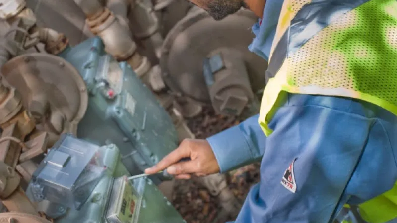 a person in a blue hat and yellow vest working on a piece of metal