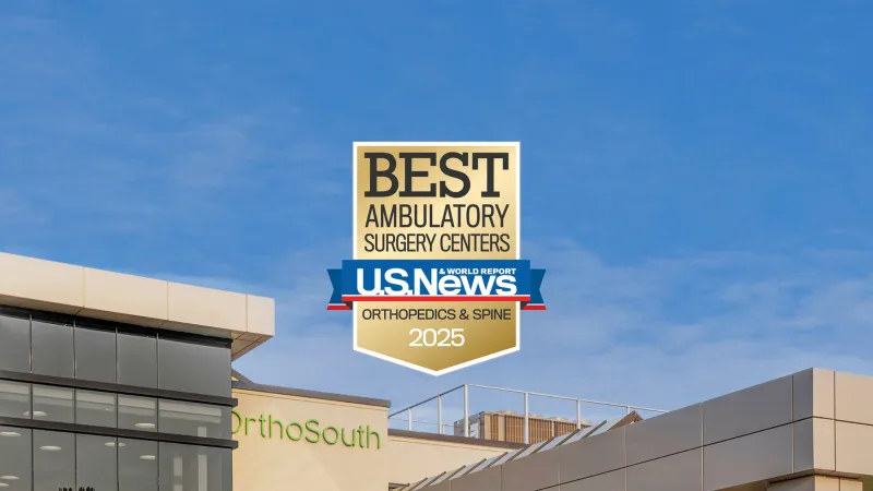 Modern OrthoSouth ambulatory surgery center exterior with Best Ambulatory Surgery Centers 2025 award badge.