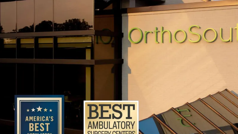 Modern OrthoSouth ambulatory surgery center exterior with Best Ambulatory Surgery Centers 2025 award badge.