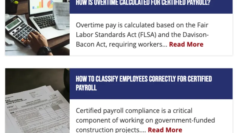 Two informational sections on certified payroll with images of a calculator and payroll forms.