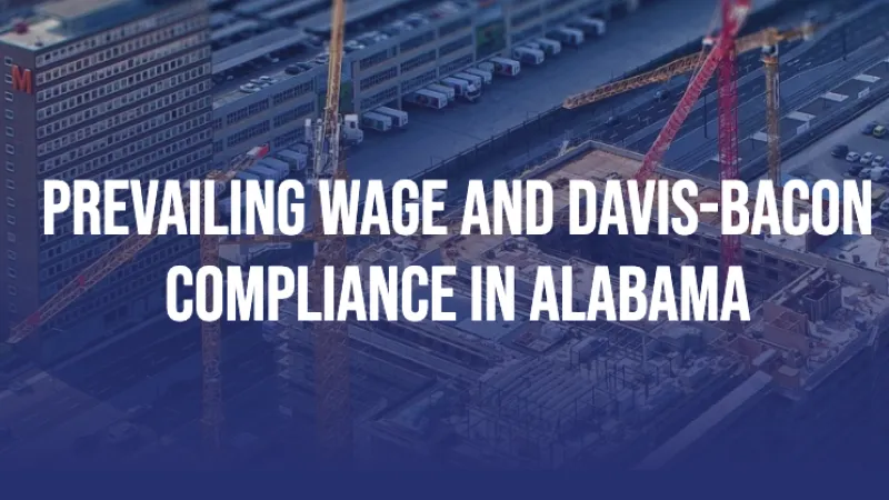 Aerial view of an urban construction site with cranes and buildings, highlighting wage compliance in Alabama.