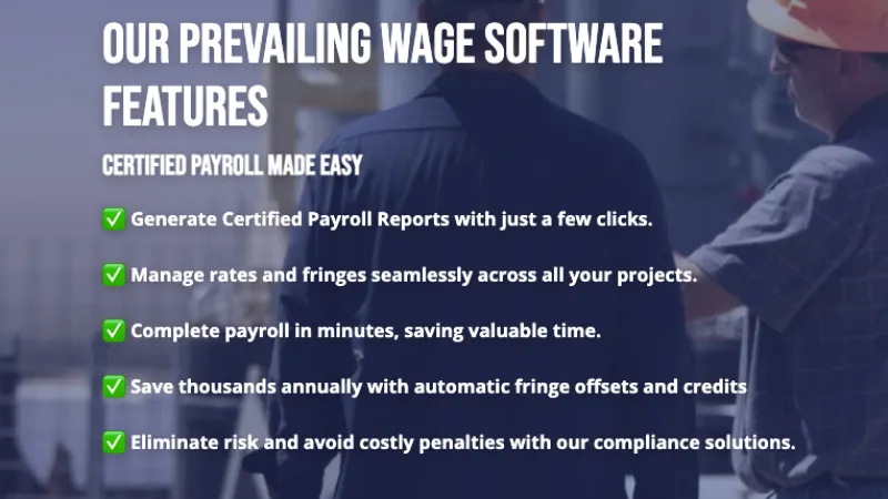 Two construction workers with hard hats discuss prevailing wage software features and certified payroll benefits.
