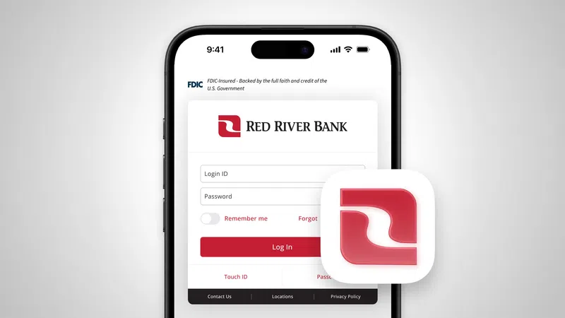 Mobile phone displaying Red River Bank login screen with app icon and login fields visible.