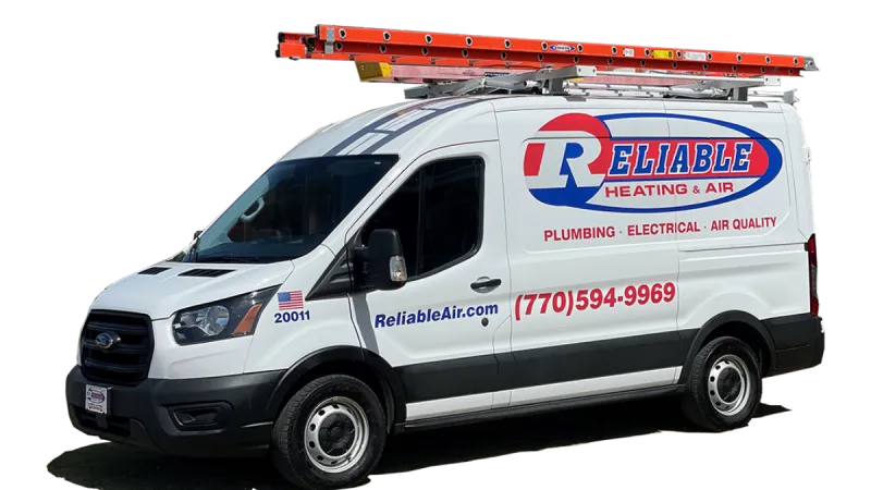 A Reliable Heating and Air service van with a ladder, showcasing plumbing and electrical services.