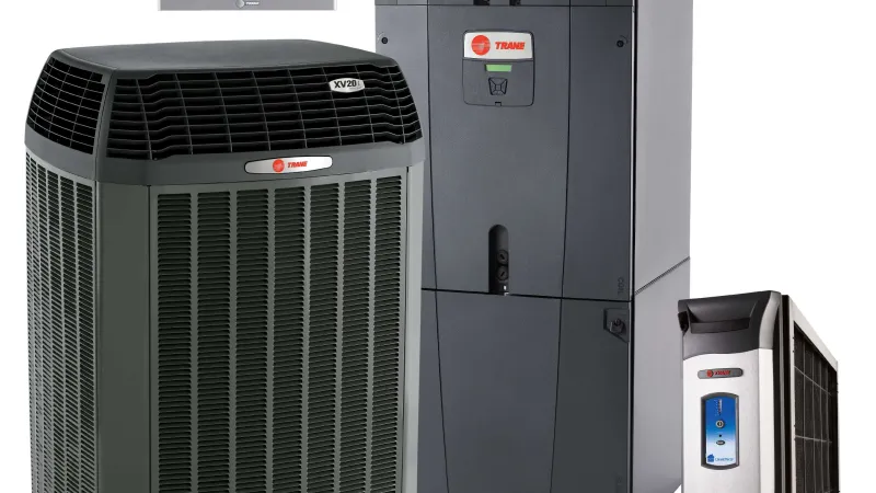 Energy-efficient HVAC system featuring a heat pump, air handler, and smart thermostat.