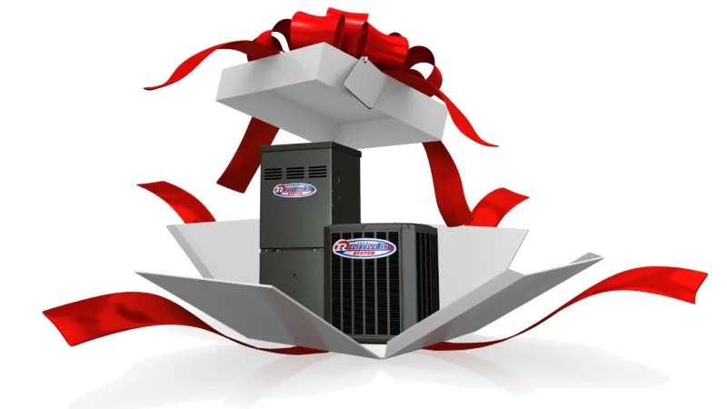 Heating and cooling units inside an open gift box with a red ribbon and bow on white background.