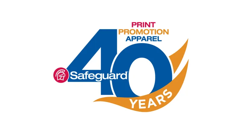 Safeguard 40 years logo with print, promotion, and apparel text in blue, orange, and red colors.
