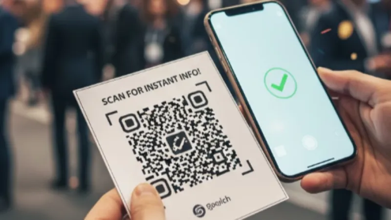 Person scanning a QR code with a smartphone showing a green checkmark for instant information approval.