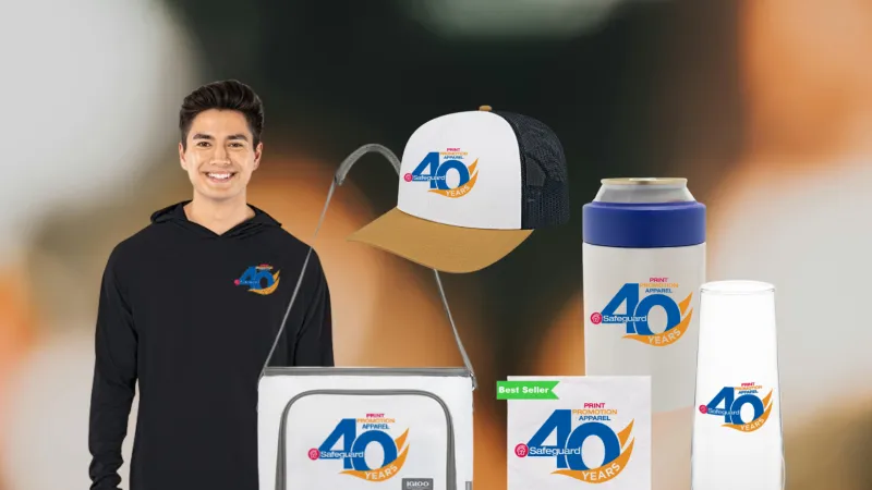 Promotional apparel and accessories featuring a 40-year anniversary logo on hoodie, cap, cooler bag, cup, and glass.