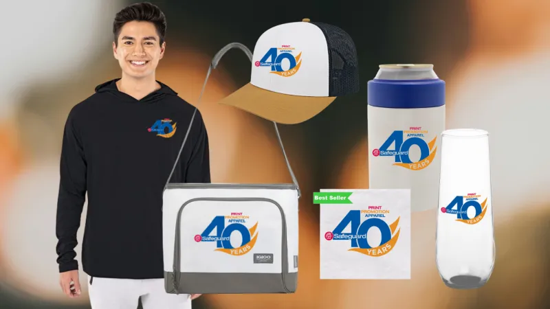 Promotional apparel and accessories featuring a 40-year anniversary logo on hoodie, cap, cooler bag, cup, and glass.