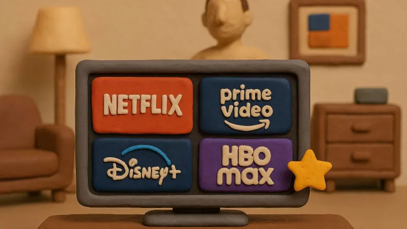 Clay model TV screen showing Netflix, Prime Video, Disney+, and HBO Max logos in a cozy room setting.