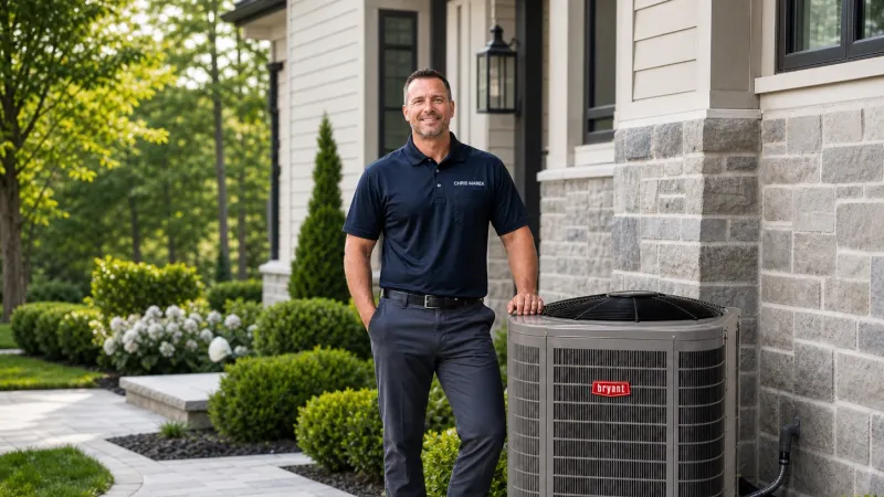 Technician standing next to a Bryant air conditioning unit outside a modern home with landscaped yard.