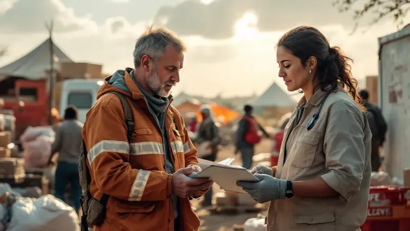 Two aid workers reviewing documents outdoors in a busy relief camp under partly cloudy sky at sunset.