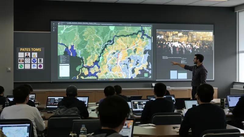 Classroom with students using laptops and instructor presenting maps and urban planning visuals on screen.