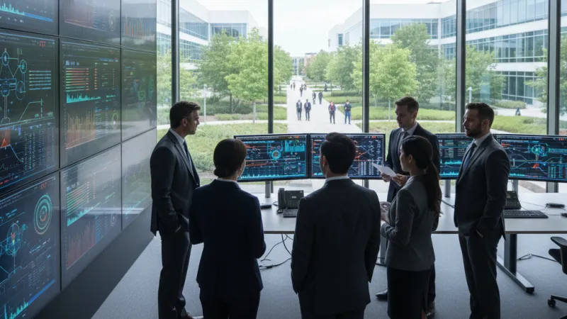 Business team in suits analyzing data on large digital screens in a modern office with floor-to-ceiling windows.