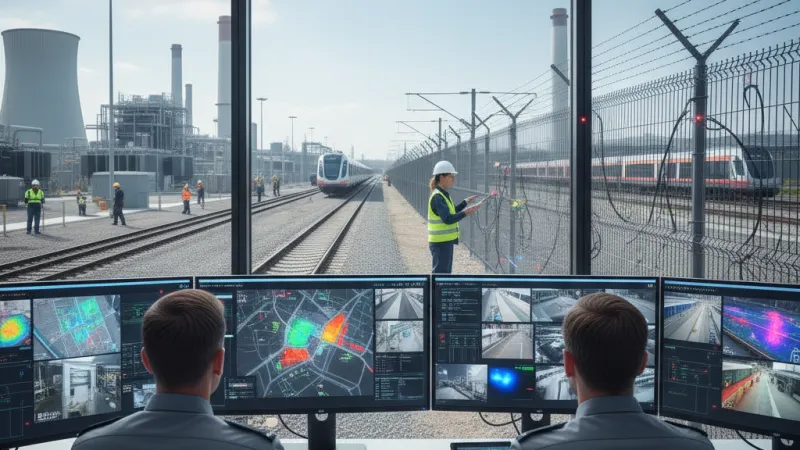 Security personnel monitoring multiple screens inside a control room overlooking a fenced railway with trains and workers outside.