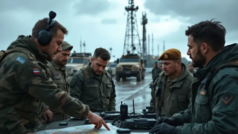 Military personnel gathered around a table studying a detailed map with communication equipment and vehicles in the background.