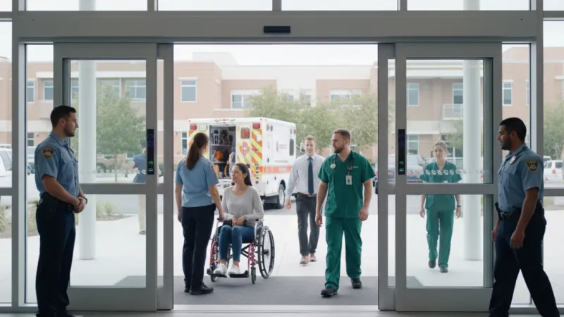 Medical staff and police assist a woman in a wheelchair entering a hospital with an ambulance outside the emergency entrance