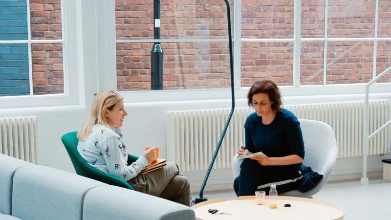 Two women having a discussion in a modern, bright room with large windows and minimalist furniture.