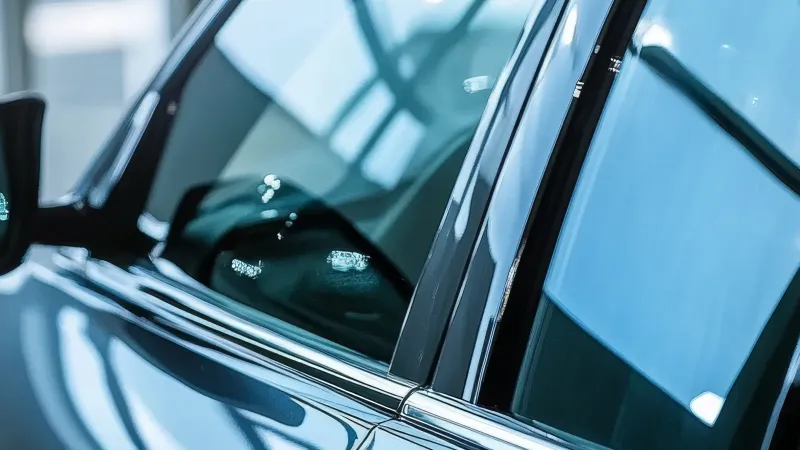 Close-up of a blue car door and window with reflective glass and sleek design details
