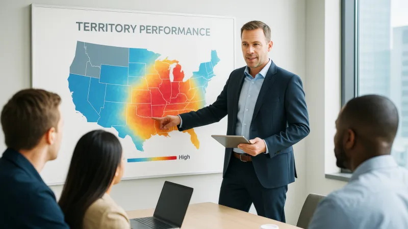 Businessman presenting territory performance heat map to colleagues in a modern office meeting room.