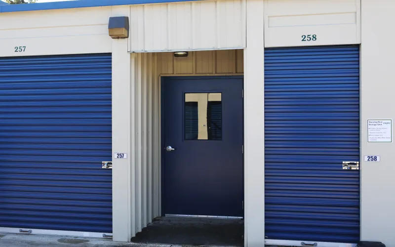a door is open in front of a building
