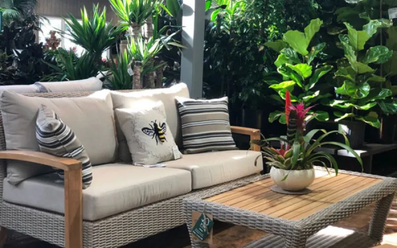 patio set with couch and table made with teak and resin wicker
