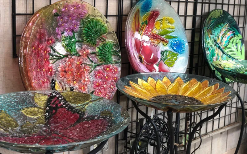 Evergreen glass birdbaths