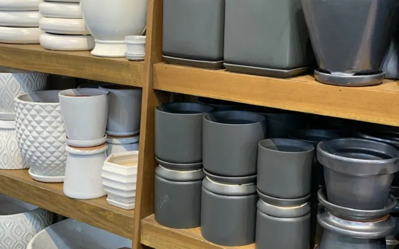 garden planters on shelves
