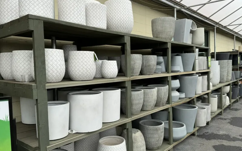 a room with many buckets