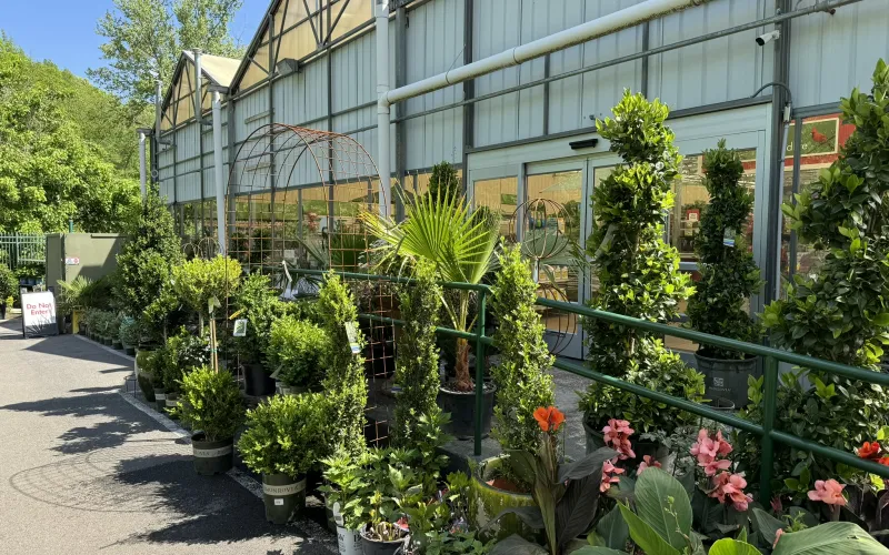 a building with plants and trees