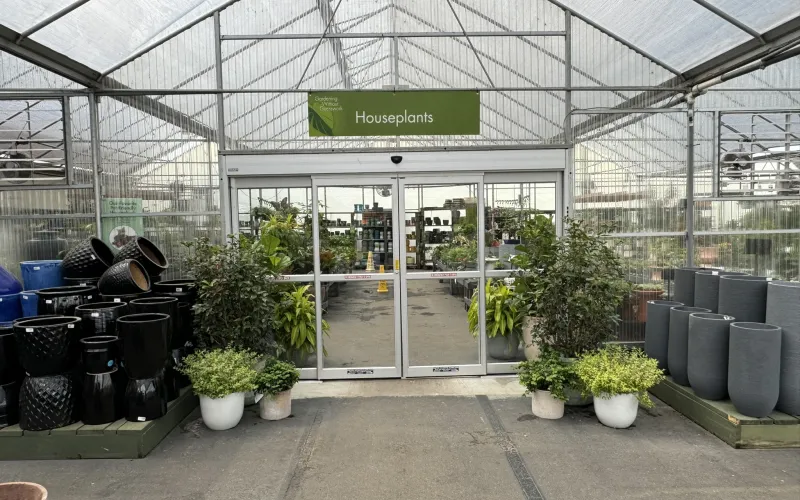a building with glass walls and plants