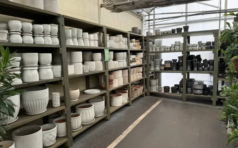 a warehouse with many buckets