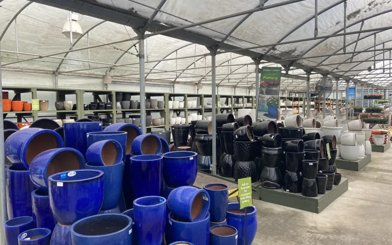 a large room with many blue vases
