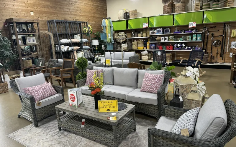 a room with a couch and chairs