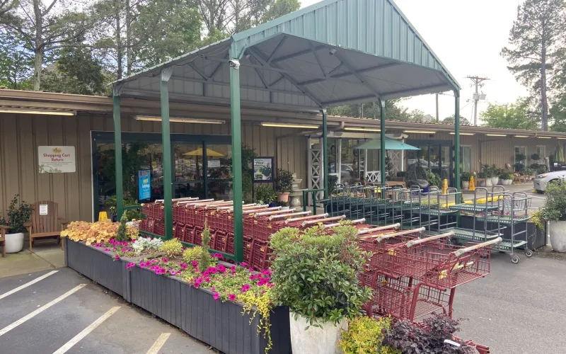 a flower stand with flowers