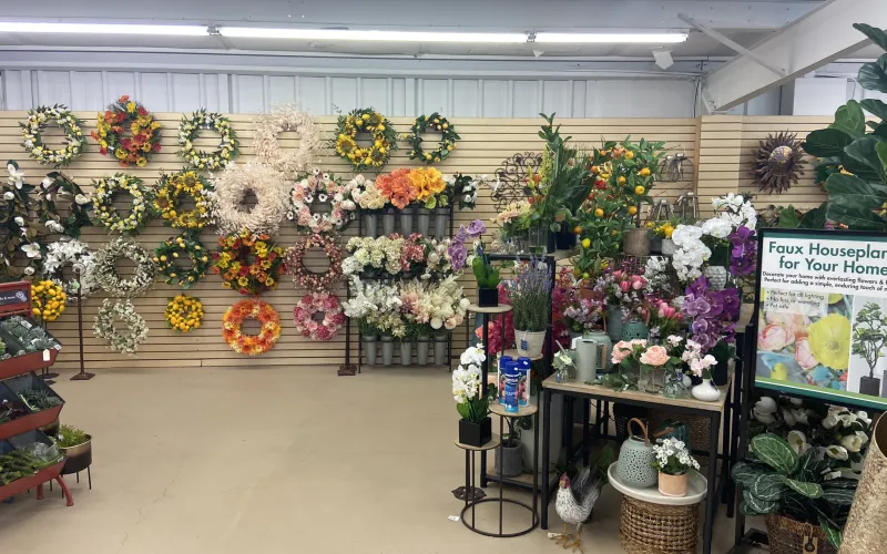 a large room with many flowers
