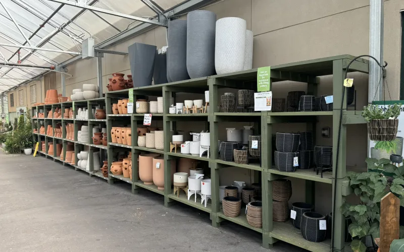a warehouse with shelves of pots and plants